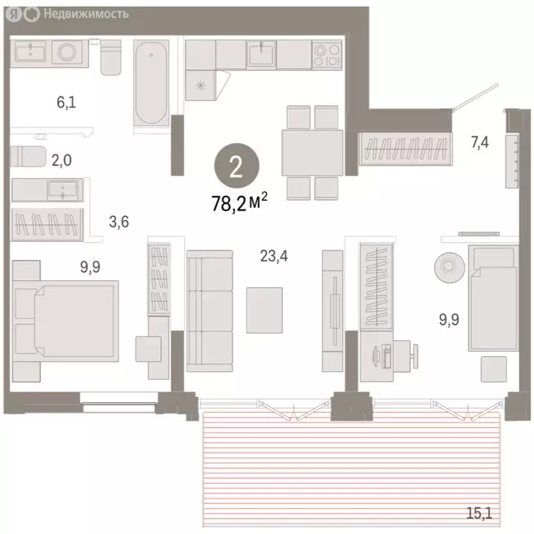 2-комнатная квартира: Тюмень, ЖК Республики 205 (78.16 м) - Фото 2