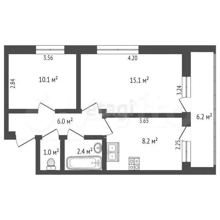 2-к. квартира, 42,8 м, 2/2 эт. - Фото 0