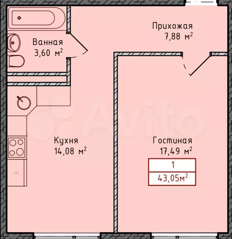 1-к. квартира, 42,1 м, 12/13 эт. - Фото 1
