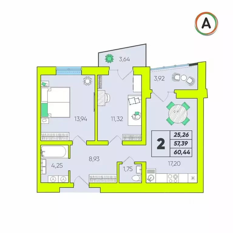 2-к кв. Калужская область, Калуга Зеленый жилой комплекс (60.44 м) - Фото 1