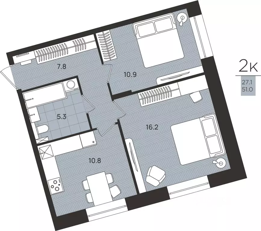 2-к кв. Пермский край, Пермский муниципальный округ, с. Гамово  (51.0 ... - Фото 1