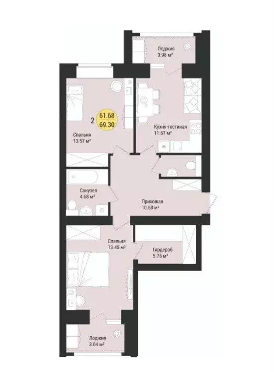 2-комнатная квартира: село Семёновка, Молодёжная улица, 17 (69.3 м) - Фото 1