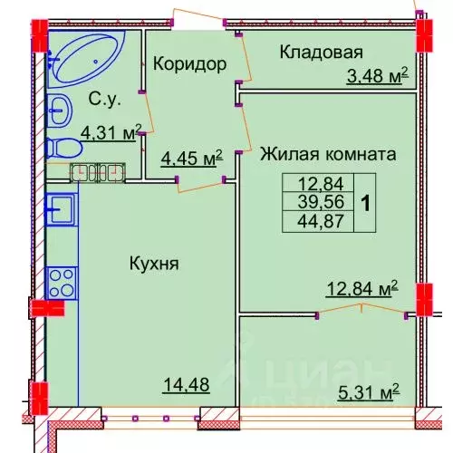 1-к кв. Ивановская область, Иваново Лежневская ул., 98 (44.87 м) - Фото 0