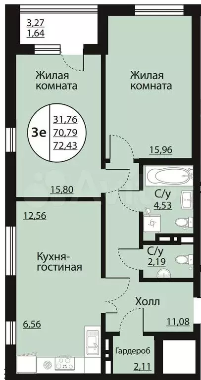 3-к. квартира, 72,4 м, 8/20 эт. - Фото 1