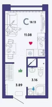 Квартира-студия, 18,1 м, 7/16 эт. - Фото 1