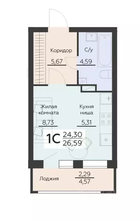 1-к кв. Воронежская область, Воронеж Ленинградская ул., 29Б (26.59 м) - Фото 0