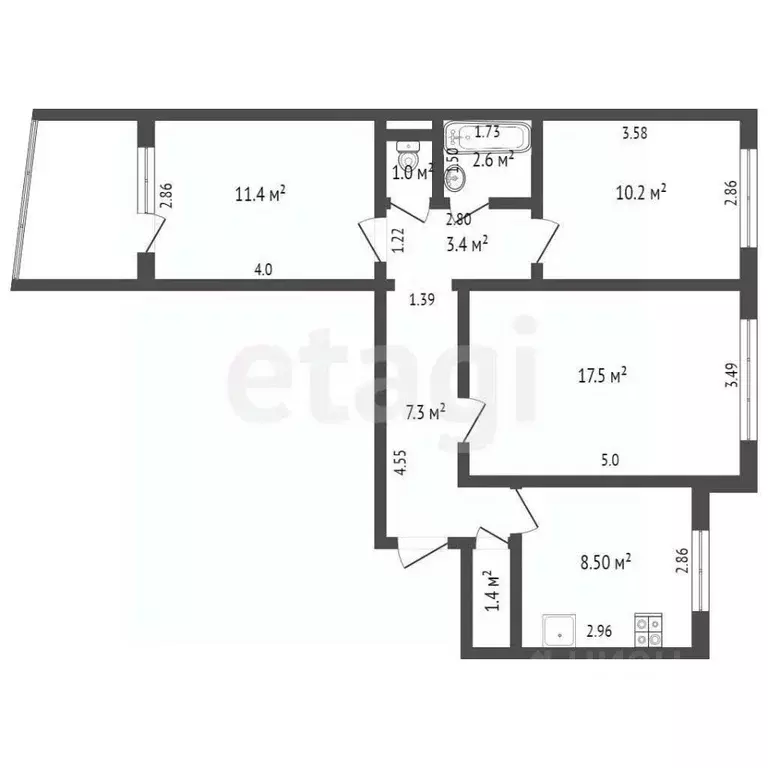3-к кв. Оренбургская область, Оренбург просп. Гагарина, 41/2 (62.8 м) - Фото 2