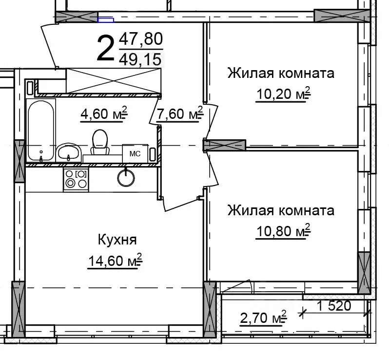 2-к кв. Нижегородская область, Нижний Новгород 52-й кв-л,  (49.15 м) - Фото 0