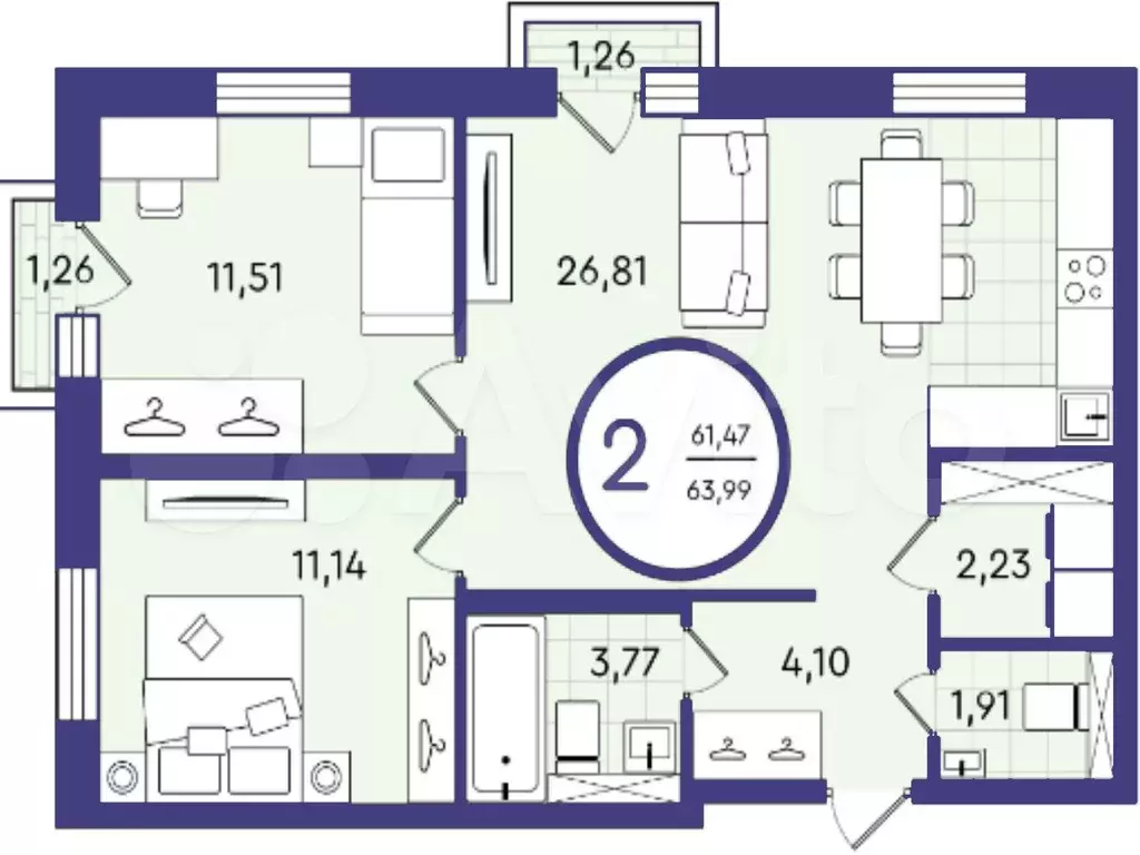 2-к. квартира, 64 м, 3/4 эт. - Фото 1