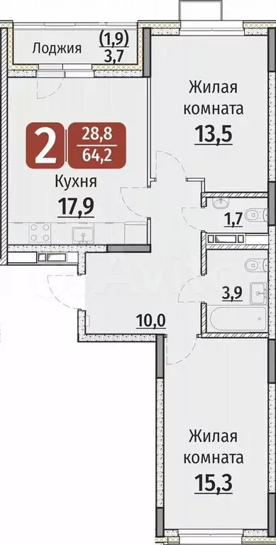 2-к. квартира, 64,2 м, 5/9 эт. - Фото 0