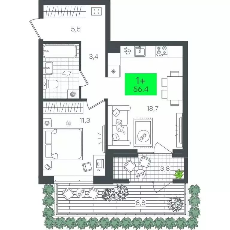 1-к кв. Тюменская область, Тюмень ул. Николая Глебова, 10 (56.43 м) - Фото 2