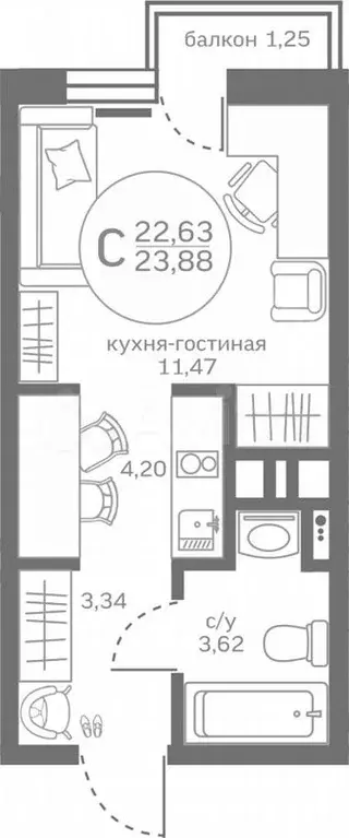 Квартира-студия, 22,6 м, 6/17 эт. - Фото 0