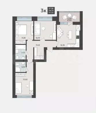 3-к. квартира, 74,7 м, 1/9 эт. - Фото 1
