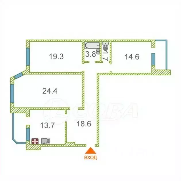 3-к кв. Тюменская область, Тюмень ул. 50 лет Октября, 80 (95.9 м) - Фото 2