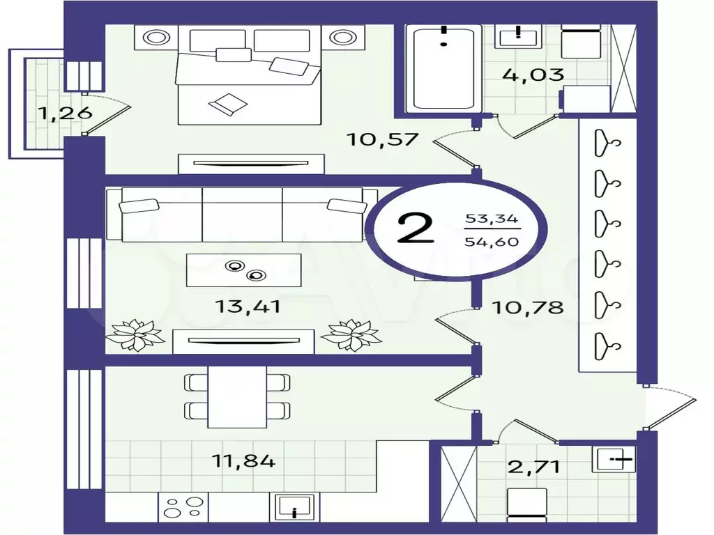 2-к. квартира, 54,6 м, 2/4 эт. - Фото 1