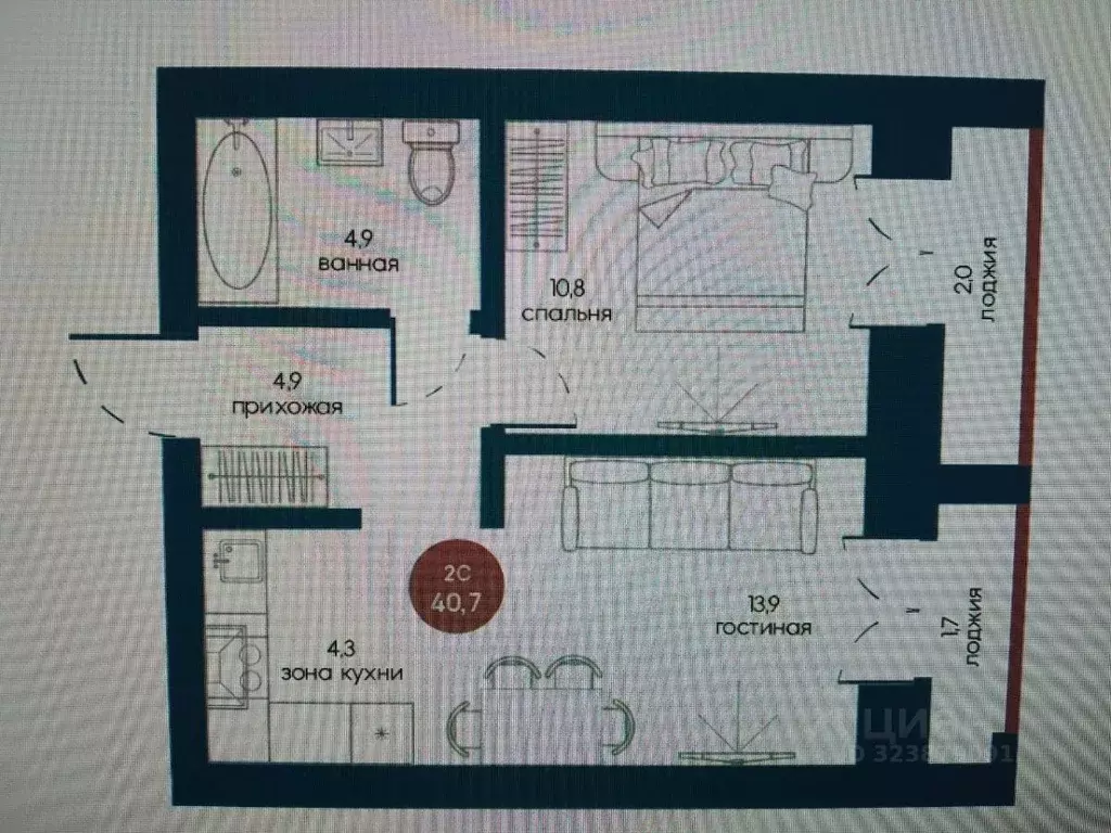 2-к кв. Томская область, Томск Телецентр мкр, ул. Белозерская (40.7 м) - Фото 1