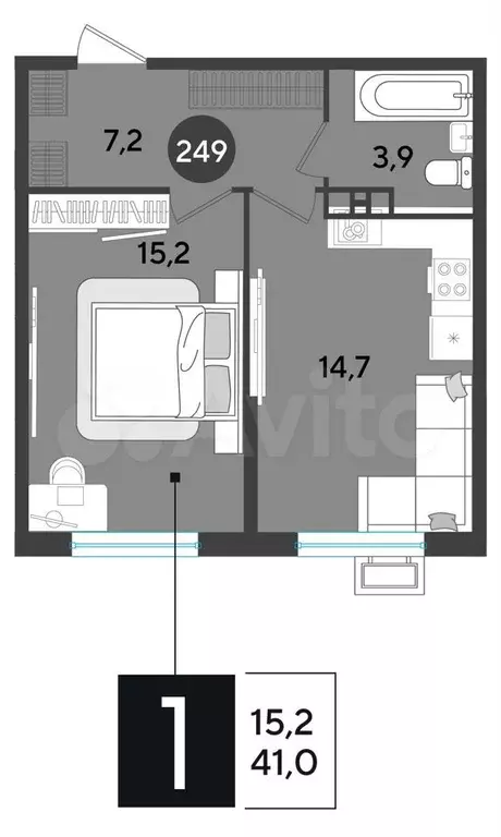 1-к. квартира, 41 м, 3/9 эт. - Фото 1