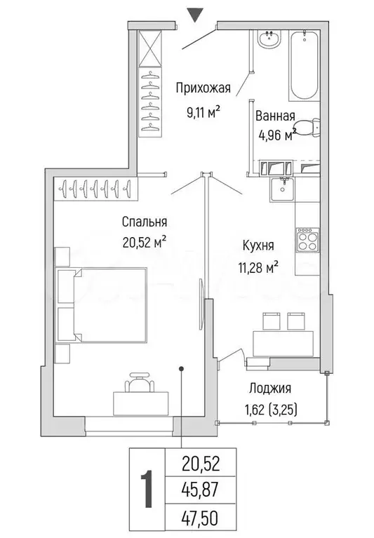 1-к. квартира, 47,5 м, 2/9 эт. - Фото 0