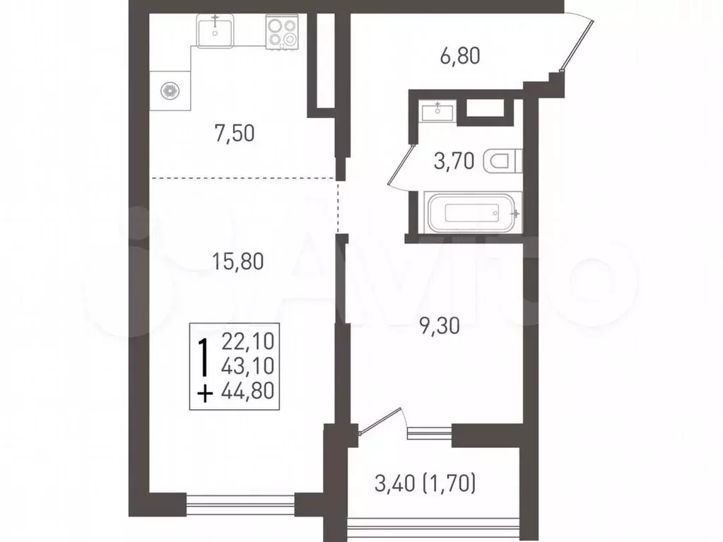 1-к. квартира, 44,8 м, 5/8 эт. - Фото 0