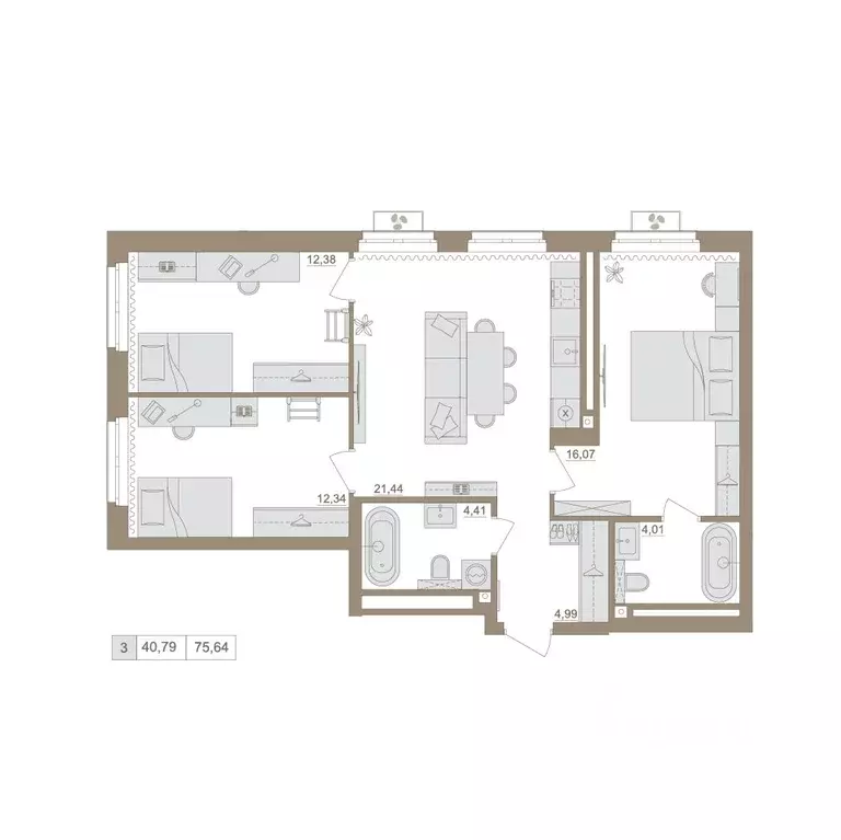 3-к кв. Башкортостан, Уфа бул. Яркий (75.64 м) - Фото 1