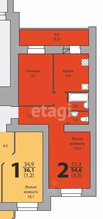 2-к кв. Вологодская область, Вологда Архангельская ул., 10Б (55.0 м) - Фото 2