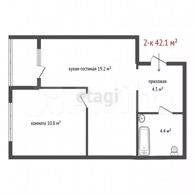 2-к. квартира, 42,1 м, 15/16 эт. - Фото 1