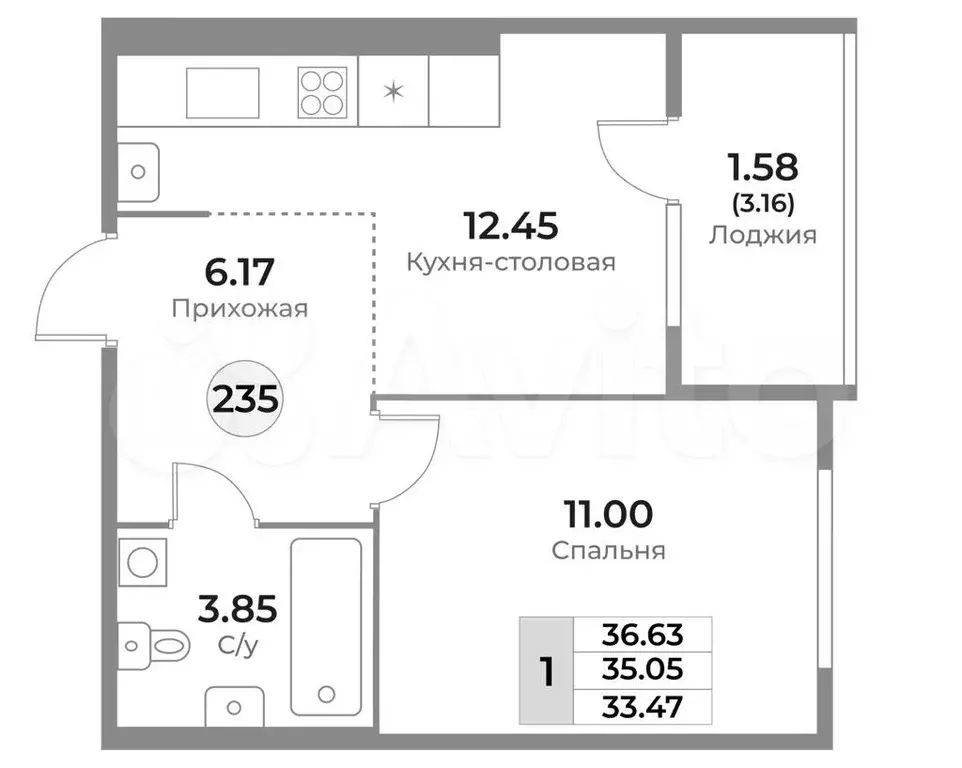 1-к. квартира, 35,1 м, 10/10 эт. - Фото 1