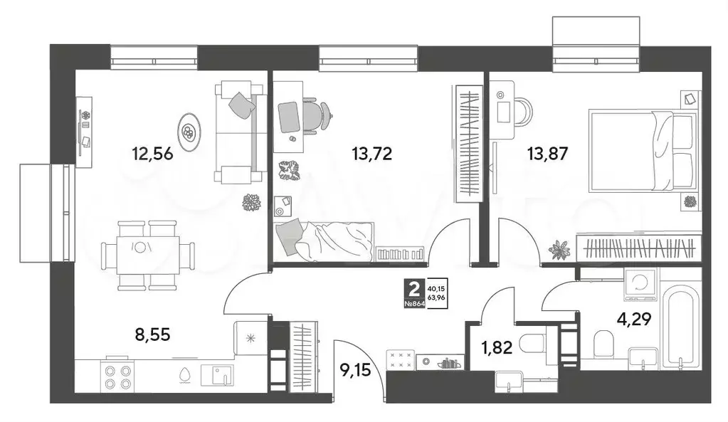 2-к. квартира, 64 м, 8/9 эт. - Фото 0