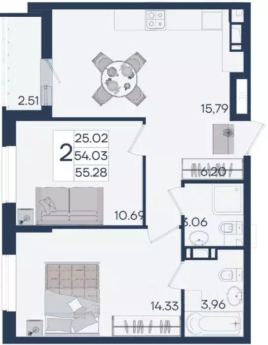 2-к кв. Краснодарский край, Краснодар  (55.28 м) - Фото 1