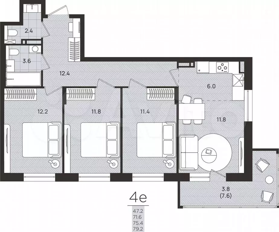 4-к. квартира, 75,4 м, 4/8 эт. - Фото 0