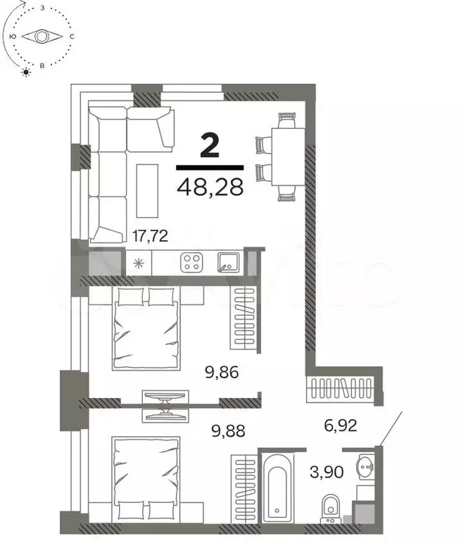 2-к. квартира, 48,3 м, 12/26 эт. - Фото 1