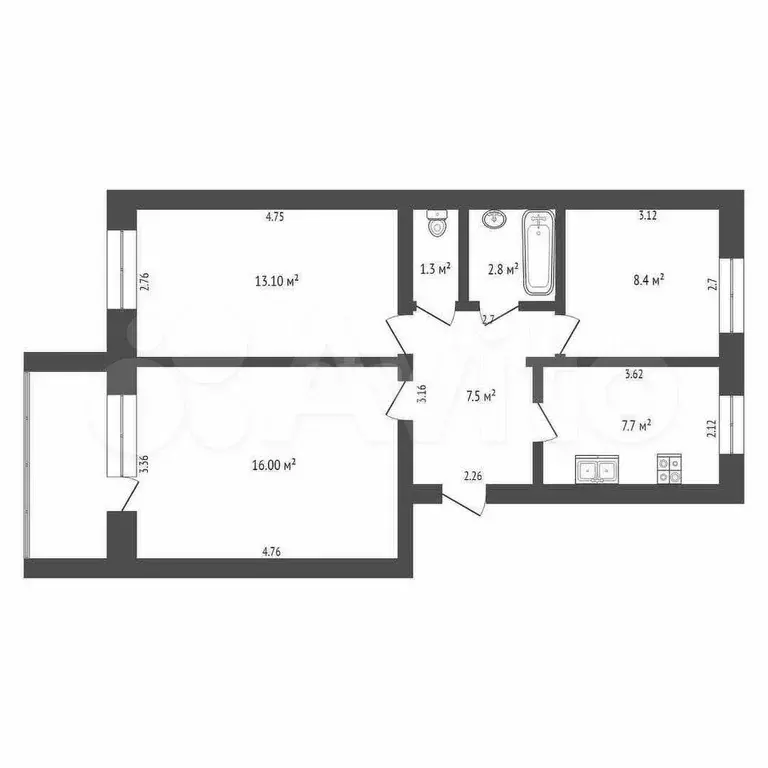3-к. квартира, 58,5 м, 4/5 эт. - Фото 0