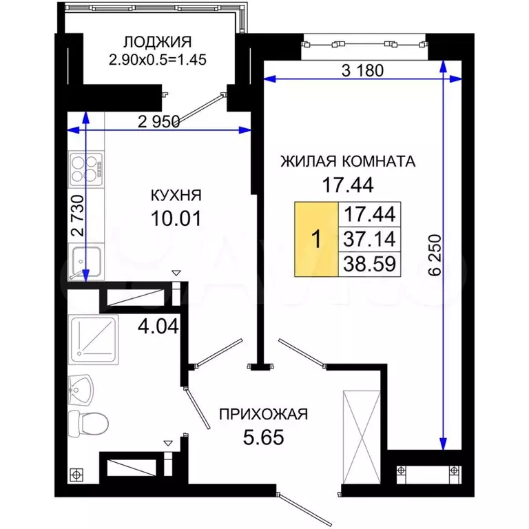 1-к. квартира, 38,6 м, 23/25 эт. - Фото 0