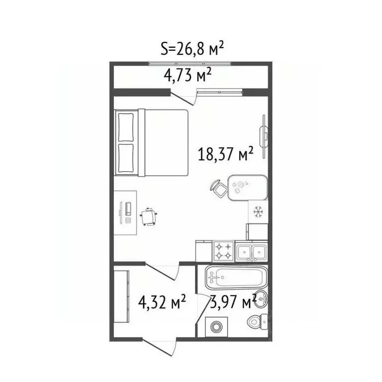 Студия Новосибирская область, Новосибирск Закаменский мкр, 21 (26.8 м) - Фото 2