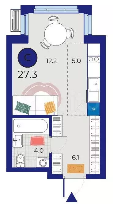 Квартира-студия, 27,3 м, 2/19 эт. - Фото 1