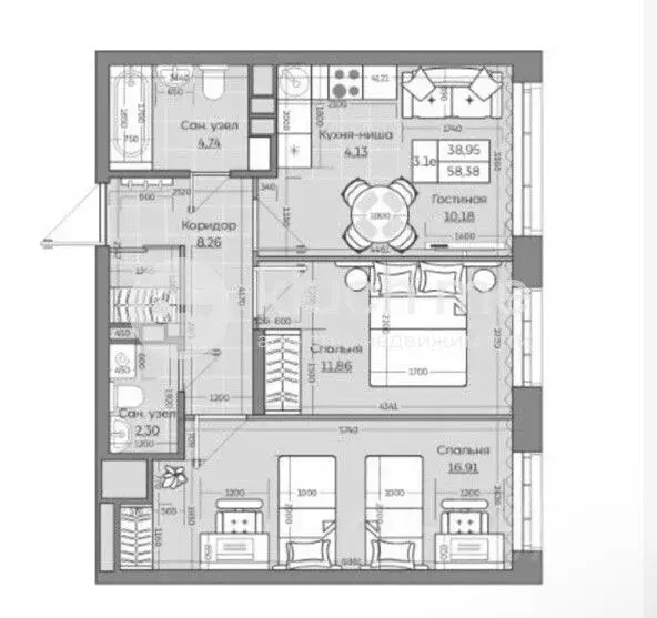 2-к кв. Татарстан, Казань ул. Ярышлар, 8 (58.1 м) - Фото 2