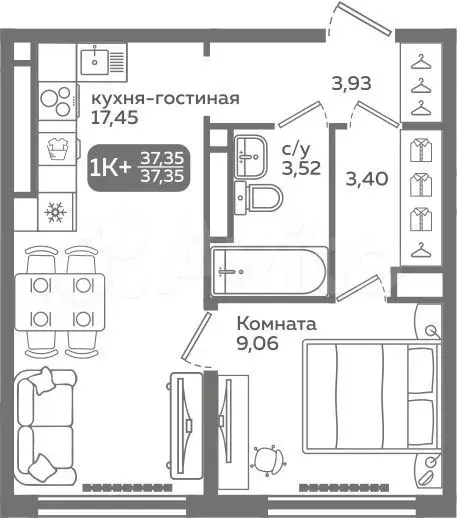 1-к. квартира, 37,4 м, 21/21 эт. - Фото 0