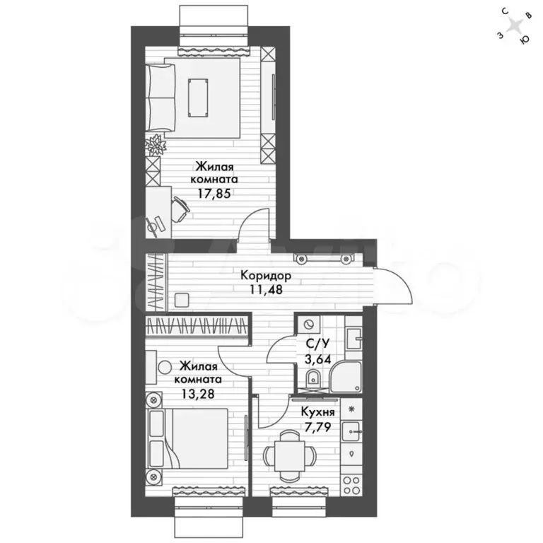 2-к. квартира, 54 м, 4/4 эт. - Фото 0