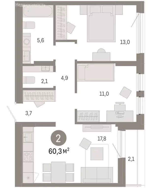 2-комнатная квартира: Тюмень, улица Республики, 205к1 (60.26 м) - Фото 2