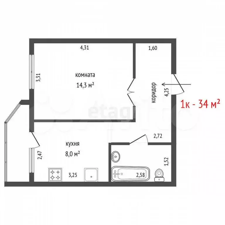 1-к. квартира, 34 м, 1/10 эт. - Фото 1
