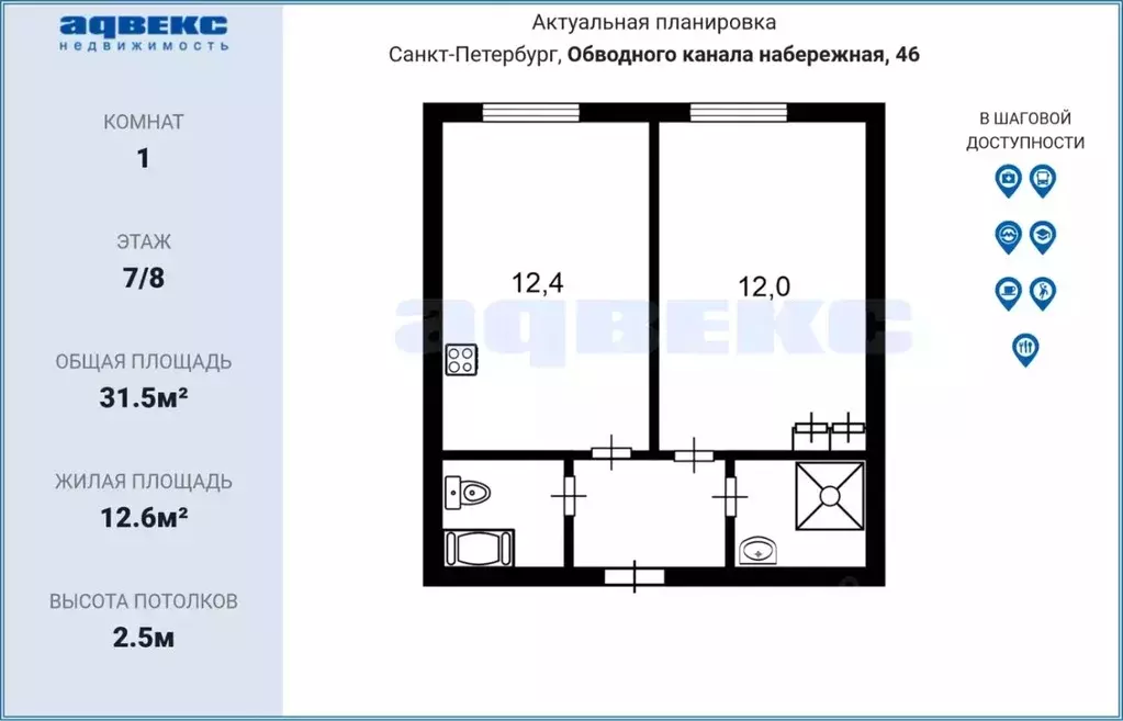 1-к кв. Санкт-Петербург наб. Обводного Канала, 46 (31.5 м) - Фото 1