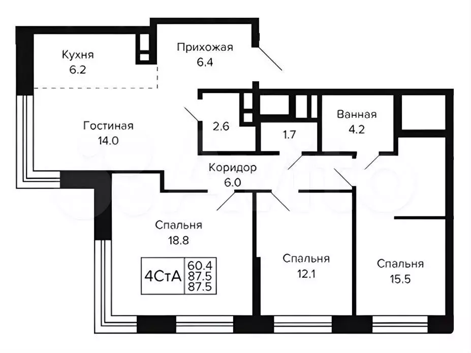 4-к. квартира, 87,5 м, 2/23 эт. - Фото 0