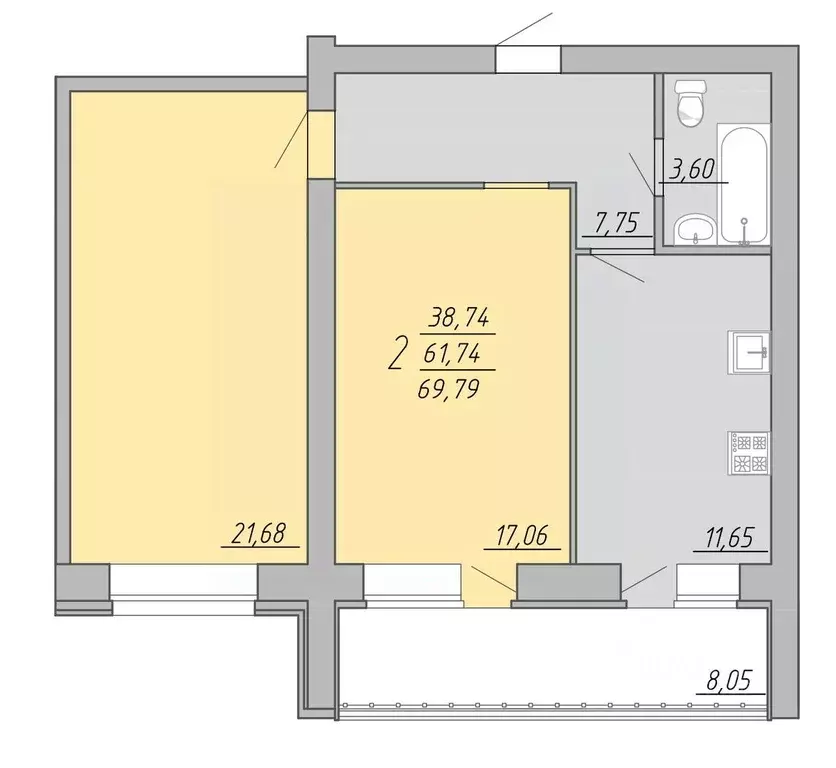 2-к кв. Тверская область, Тверь Озерная ул. (69.79 м) - Фото 1