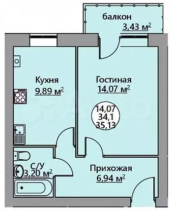 1-к. квартира, 35,1 м, 3/4 эт. - Фото 0