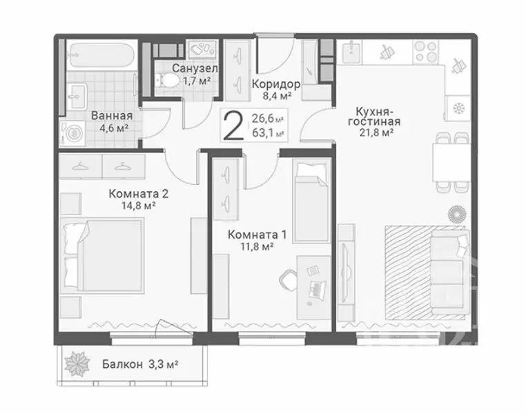 2-комнатная квартира: Санкт-Петербург, улица Руднева, 15 (63.1 м) - Фото 0