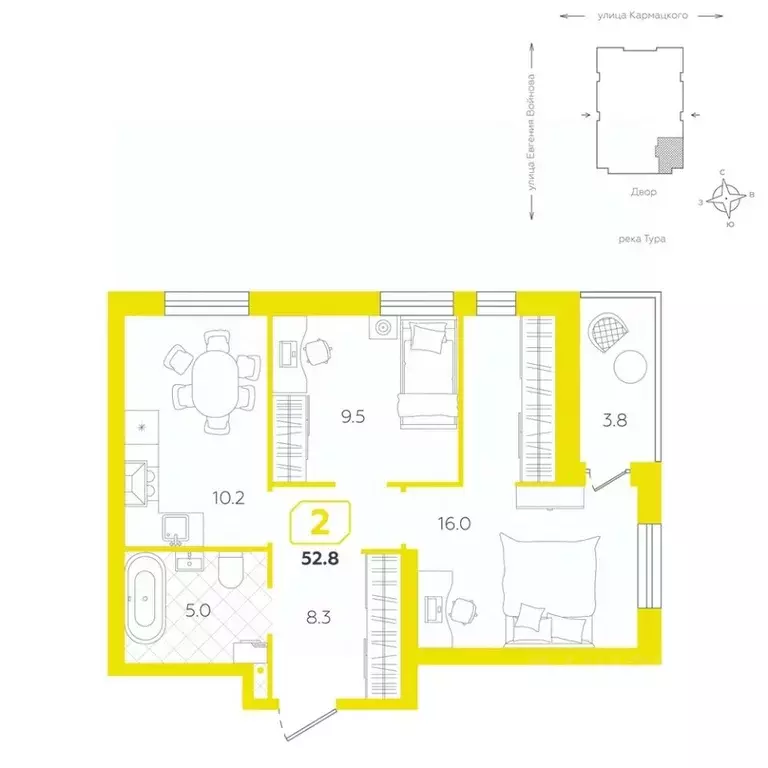 2-к кв. Тюменская область, Тюмень ул. Евгения Войнова, 3 (52.8 м) - Фото 0
