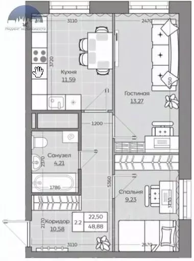 2-к кв. Татарстан, Казань ул. Рауиса Гареева (48.88 м) - Фото 2