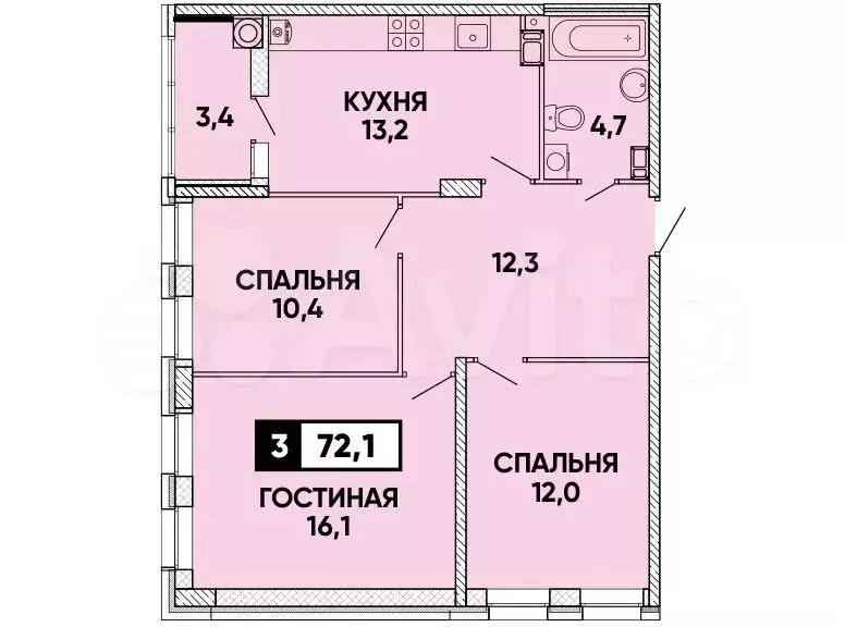 3-к. квартира, 72.1 м, 9/24 эт. - Фото 0