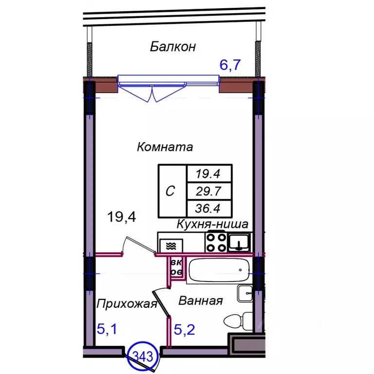 Студия Калининградская область, Светлогорск Балтийская ул. (36.4 м) - Фото 1