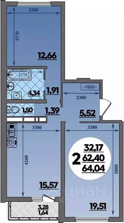 2-к кв. Адыгея, Майкоп  (64.04 м) - Фото 1